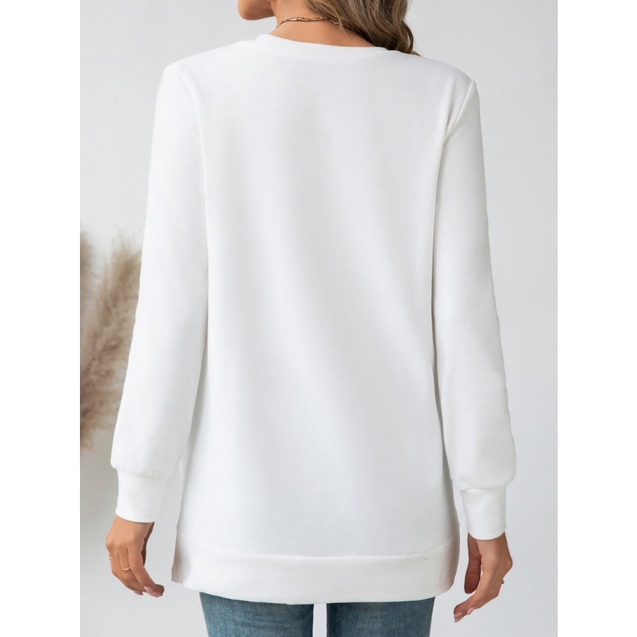 Side Slit Round Neck Long Sleeve Blouse Apparel and Accessories