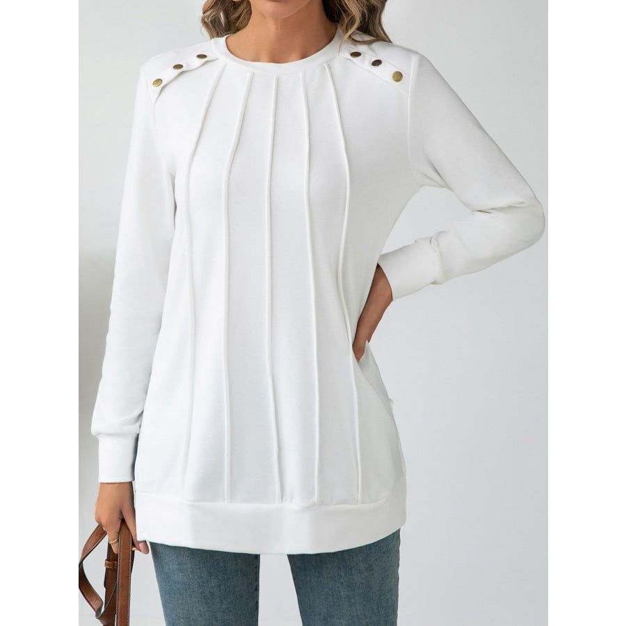 Side Slit Round Neck Long Sleeve Blouse White / S Apparel and Accessories