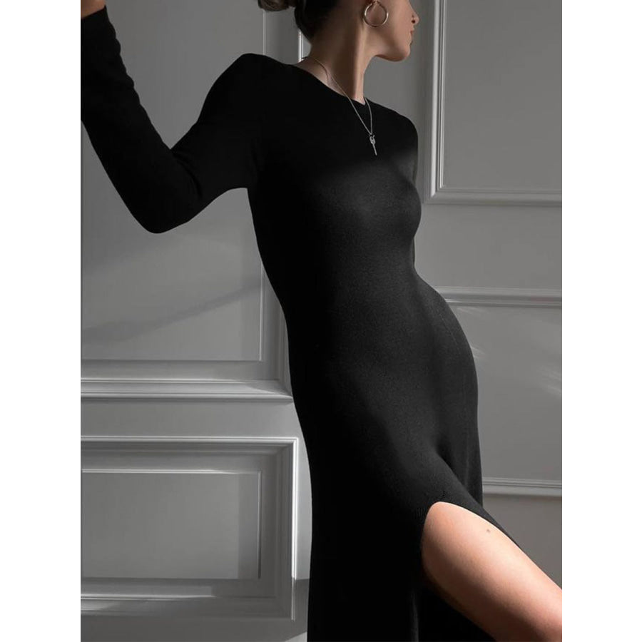 Side Slit Round Neck Long Sleeve Dress Apparel and Accessories