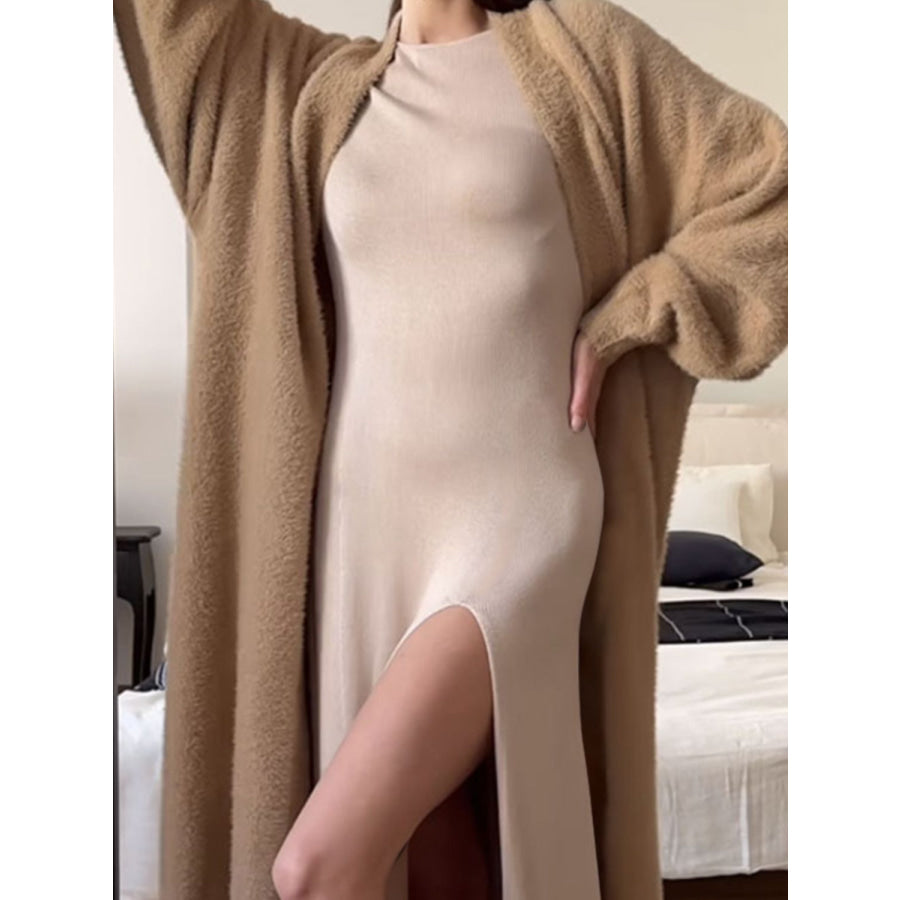 Side Slit Round Neck Long Sleeve Dress Apparel and Accessories