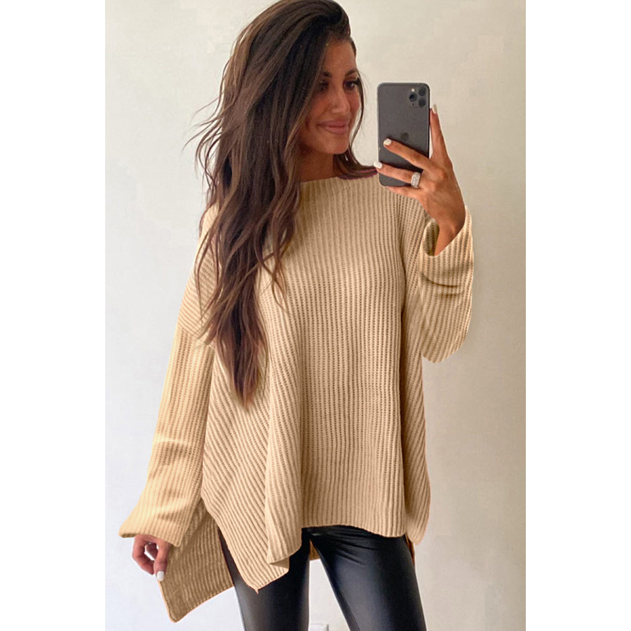 Side Slit Round Neck Long Sleeve Sweater Tan / S Apparel and Accessories