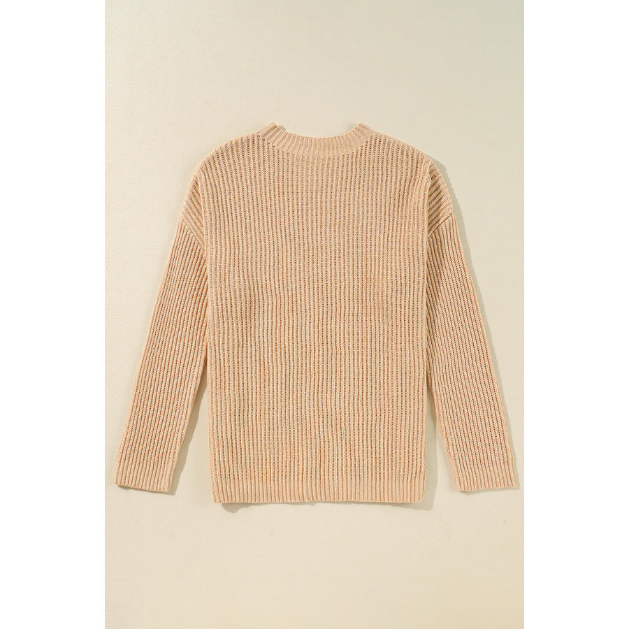 Side Slit Round Neck Long Sleeve Sweater Apparel and Accessories