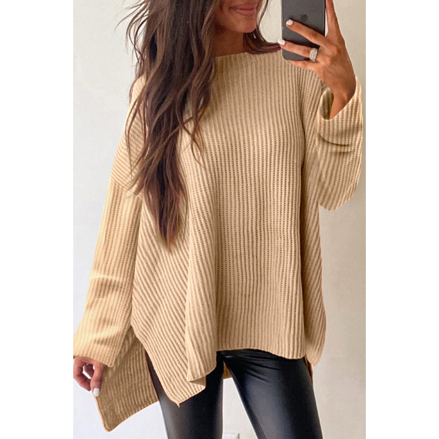 Side Slit Round Neck Long Sleeve Sweater Tan / S Apparel and Accessories