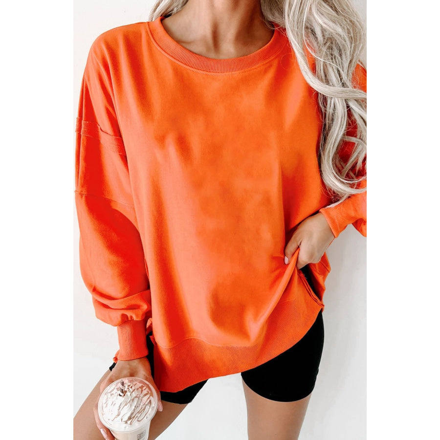 Side Slit Round Neck Long Sleeve Sweatshirt Apparel and Accessories