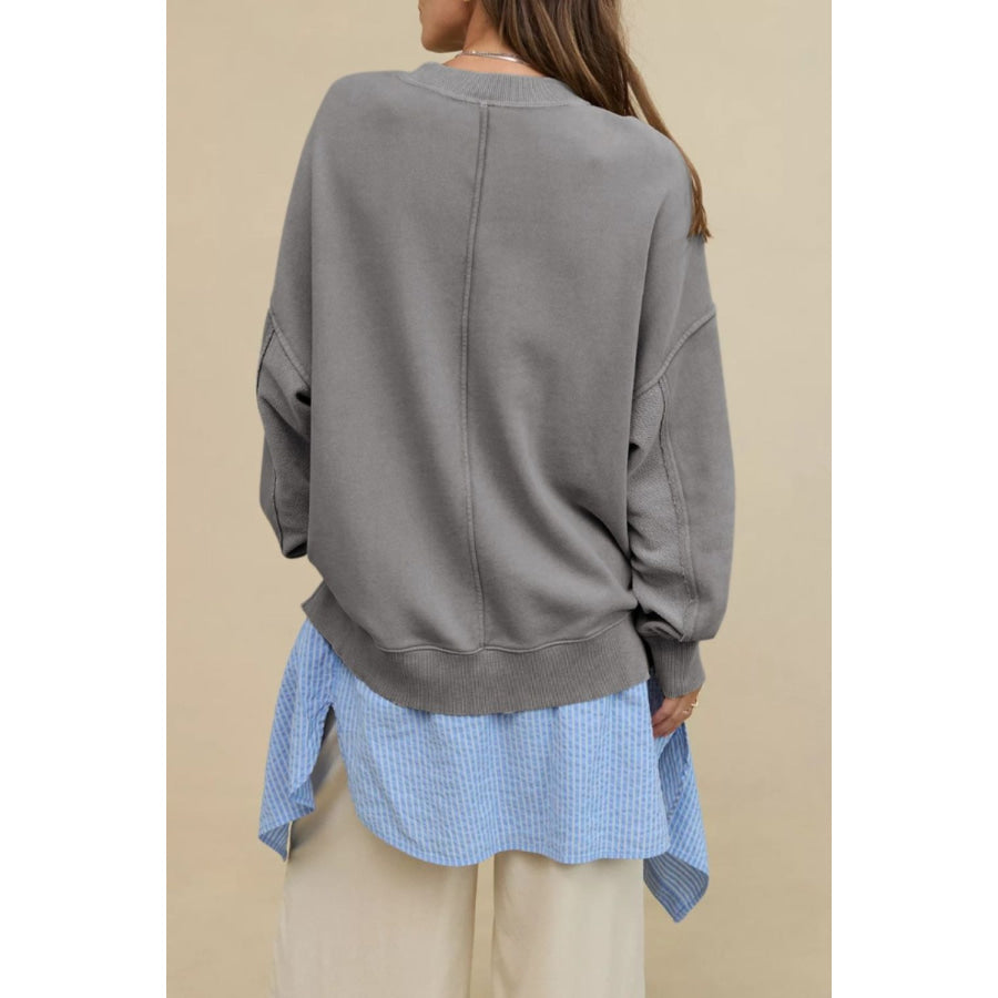 Side Slit Round Neck Long Sleeve Sweatshirt Apparel and Accessories