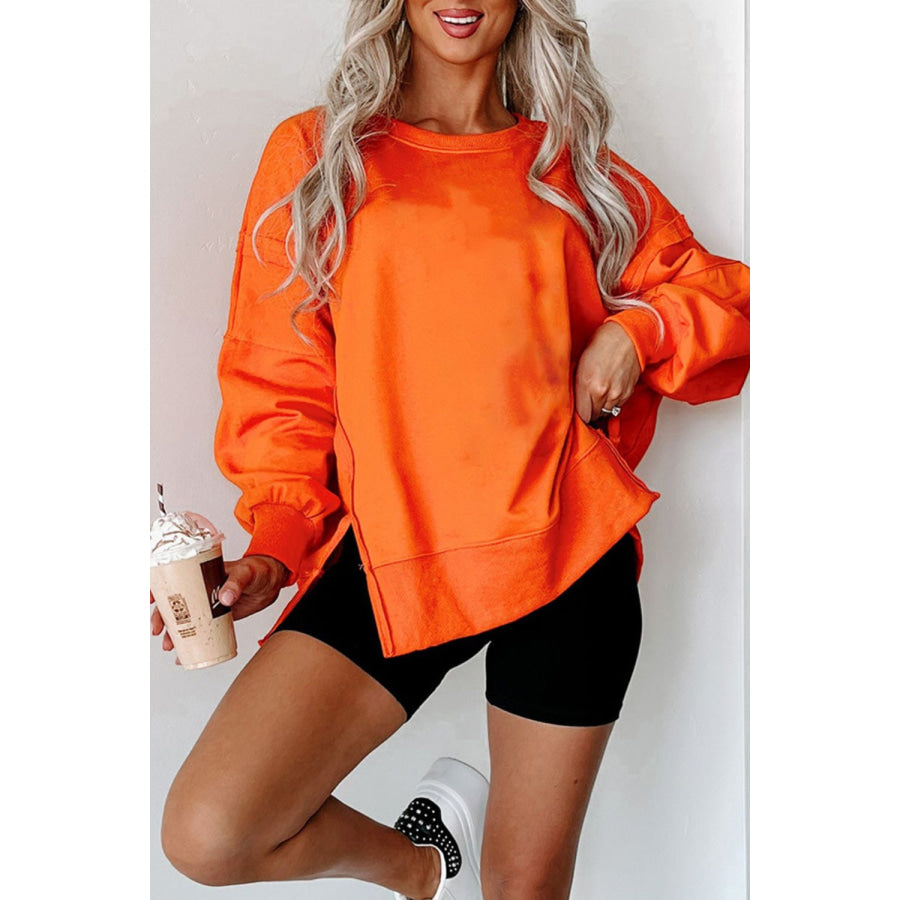 Side Slit Round Neck Long Sleeve Sweatshirt Apparel and Accessories