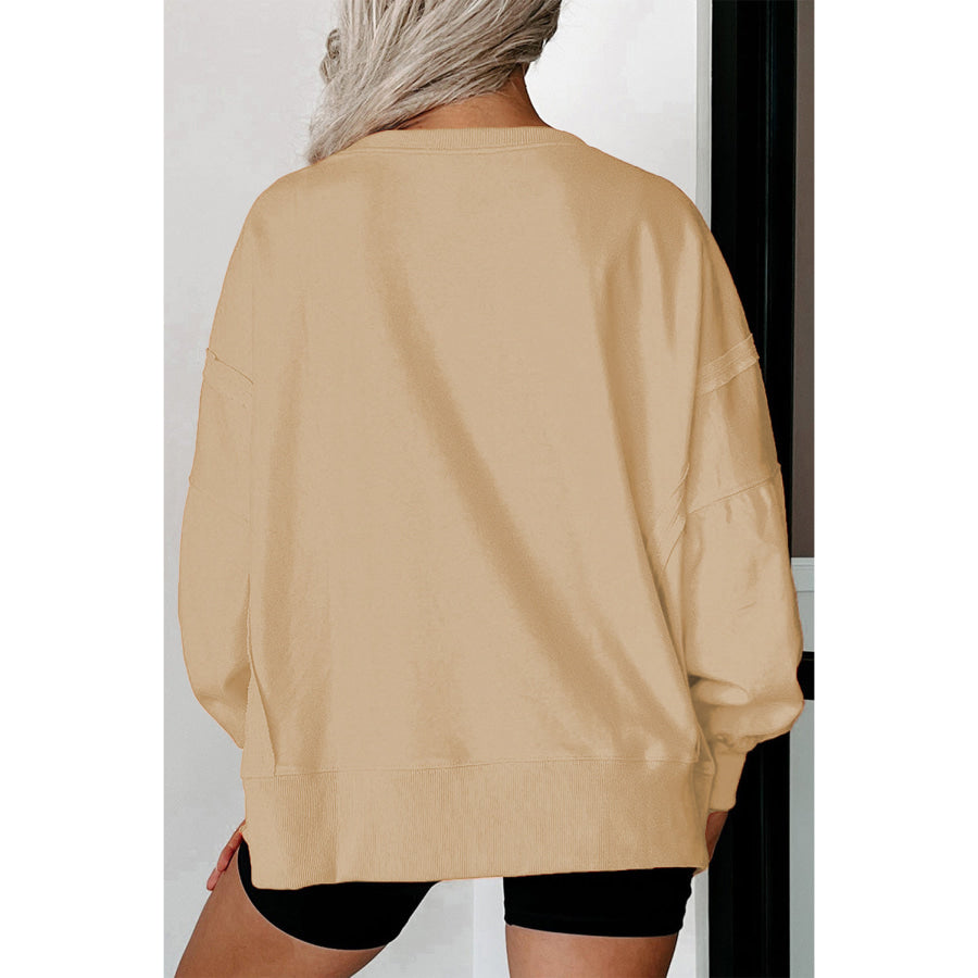 Side Slit Round Neck Long Sleeve Sweatshirt Apparel and Accessories