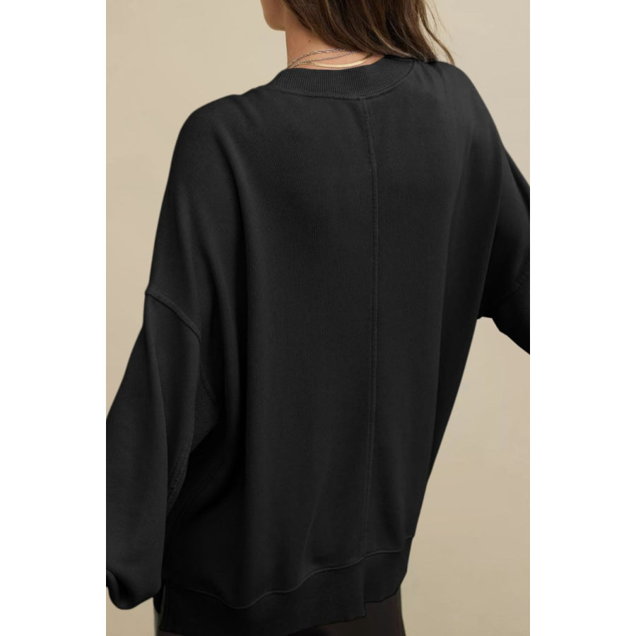 Side Slit Round Neck Long Sleeve Sweatshirt Apparel and Accessories