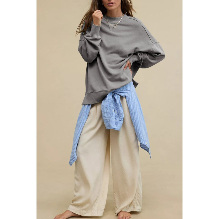 Side Slit Round Neck Long Sleeve Sweatshirt Apparel and Accessories