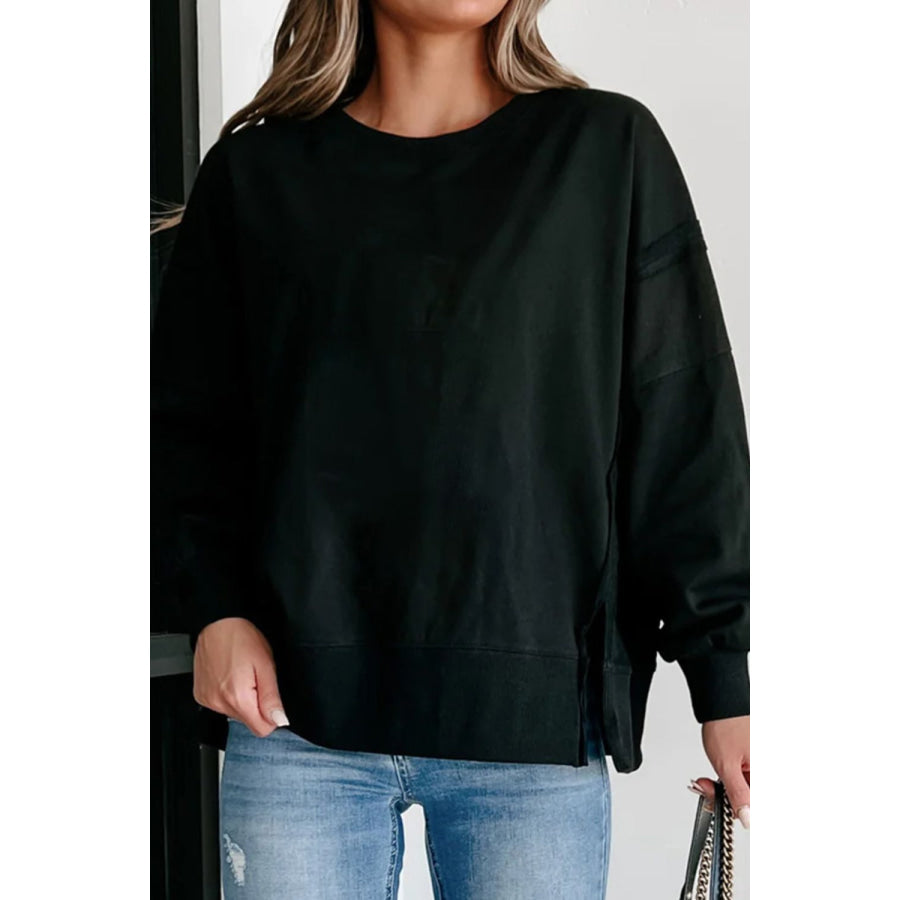 Side Slit Round Neck Long Sleeve Sweatshirt Apparel and Accessories