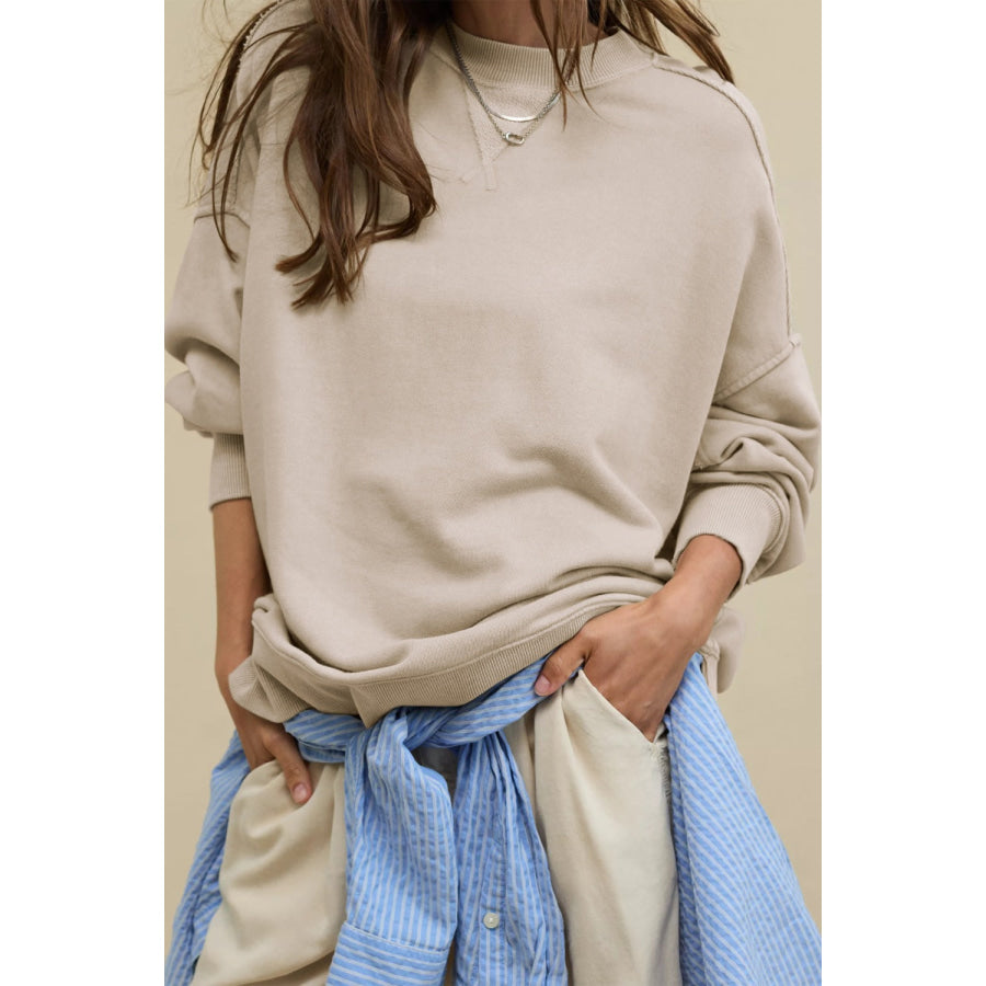 Side Slit Round Neck Long Sleeve Sweatshirt Apparel and Accessories