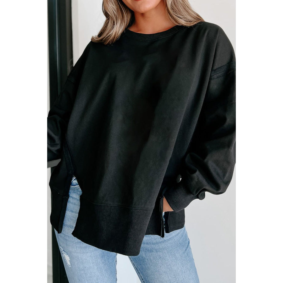 Side Slit Round Neck Long Sleeve Sweatshirt Apparel and Accessories