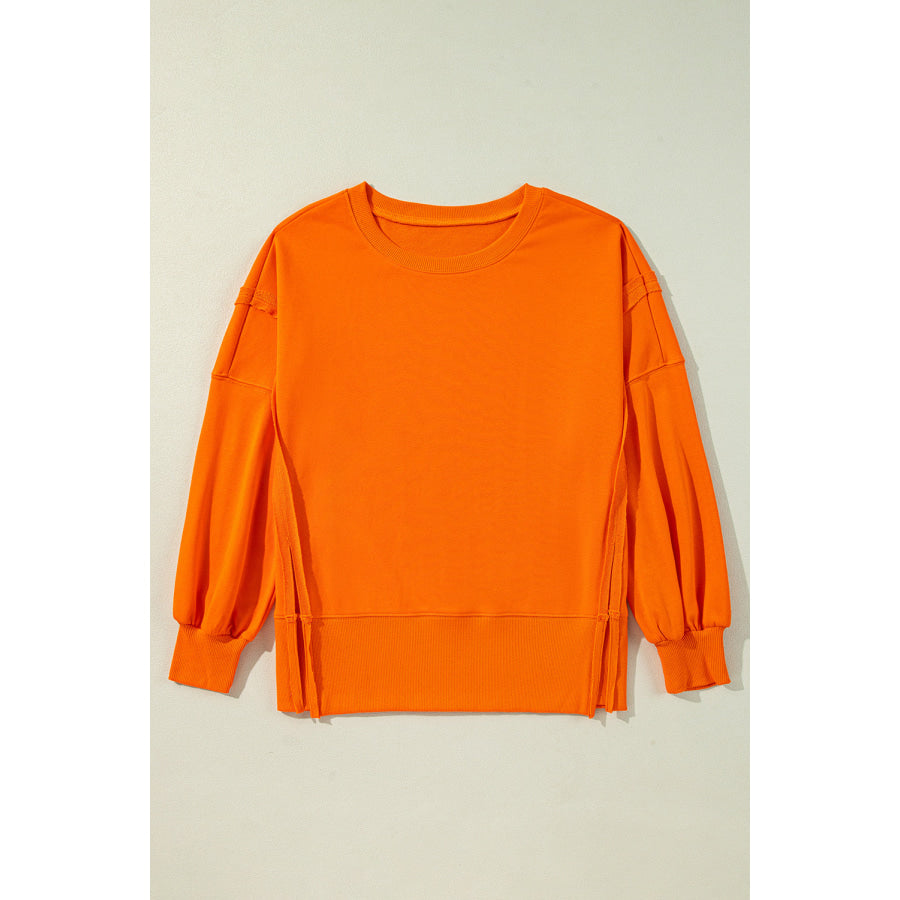 Side Slit Round Neck Long Sleeve Sweatshirt Apparel and Accessories