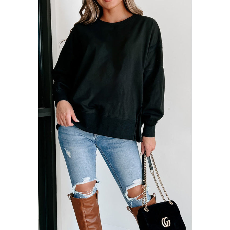 Side Slit Round Neck Long Sleeve Sweatshirt Apparel and Accessories