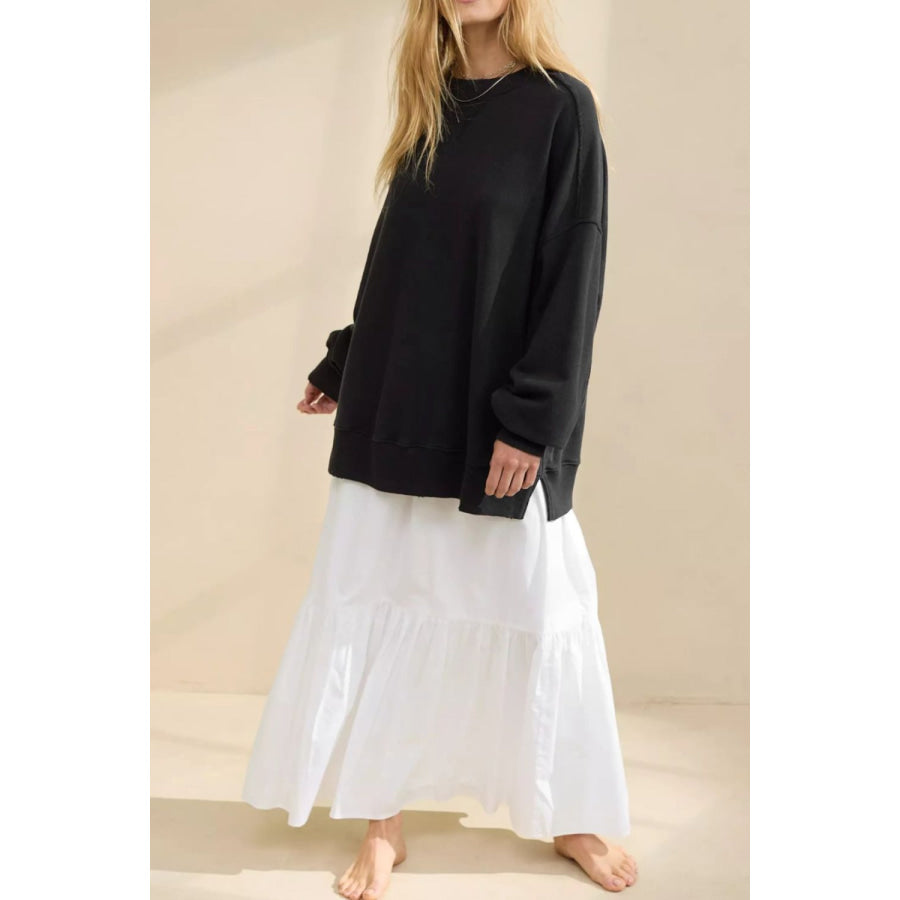 Side Slit Round Neck Long Sleeve Sweatshirt Apparel and Accessories