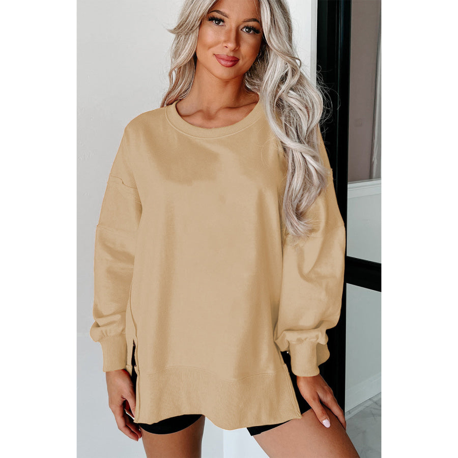 Side Slit Round Neck Long Sleeve Sweatshirt Apparel and Accessories