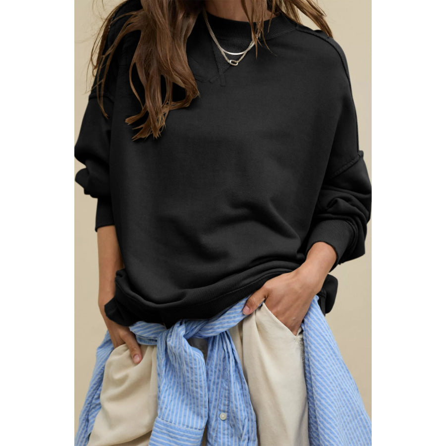 Side Slit Round Neck Long Sleeve Sweatshirt Apparel and Accessories