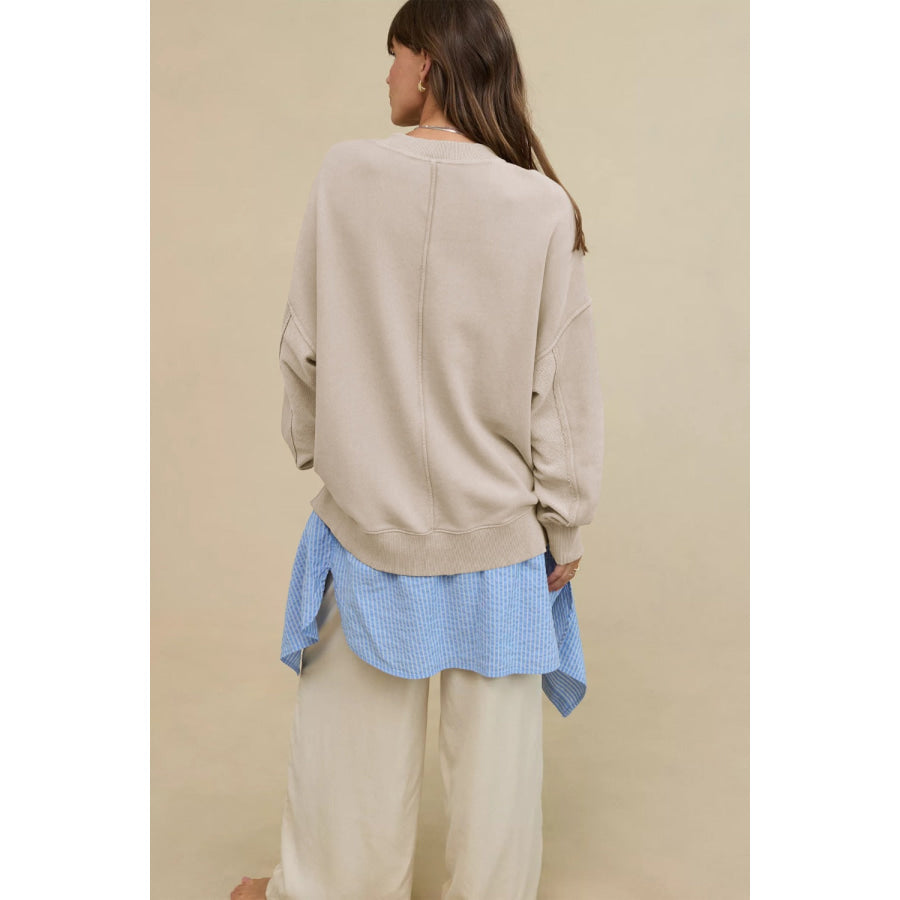 Side Slit Round Neck Long Sleeve Sweatshirt Apparel and Accessories