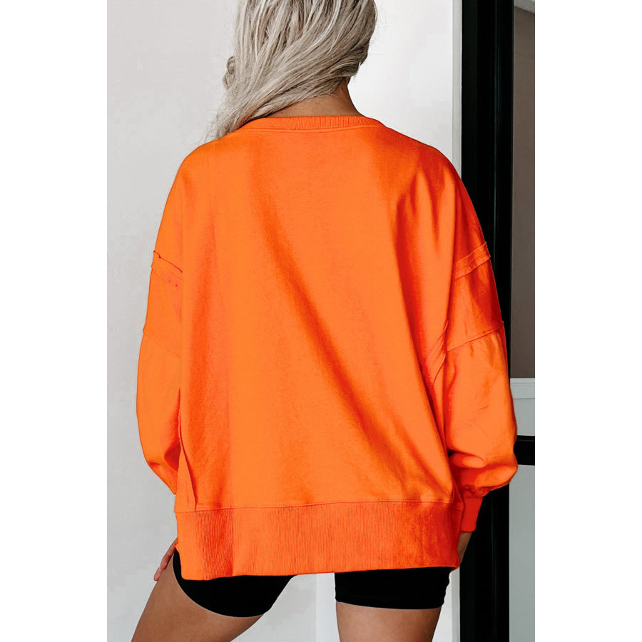Side Slit Round Neck Long Sleeve Sweatshirt Apparel and Accessories