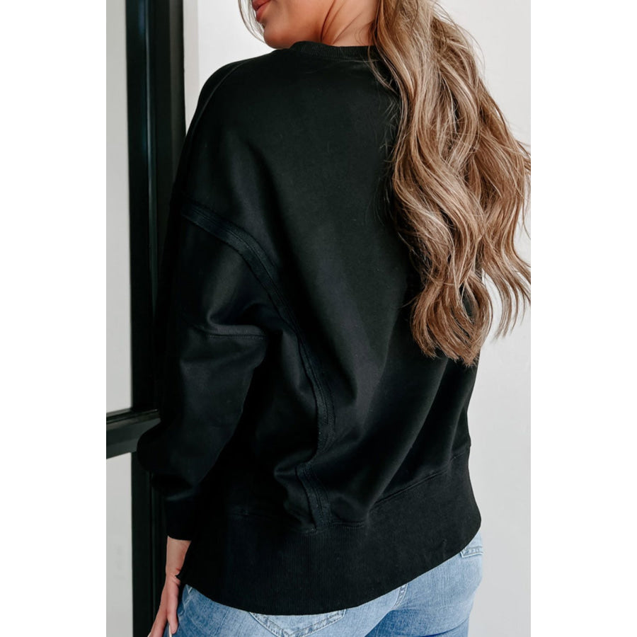 Side Slit Round Neck Long Sleeve Sweatshirt Apparel and Accessories