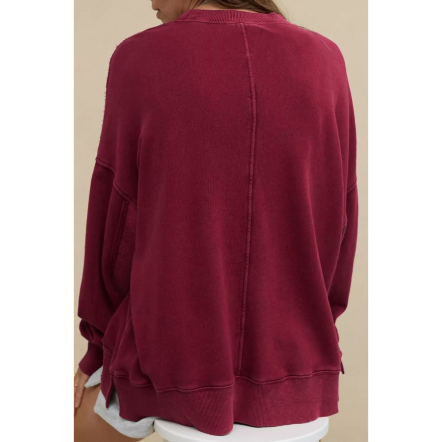 Side Slit Round Neck Long Sleeve Sweatshirt Apparel and Accessories