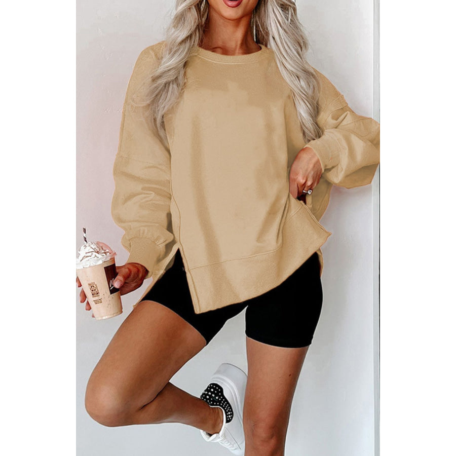 Side Slit Round Neck Long Sleeve Sweatshirt Beige / S Apparel and Accessories
