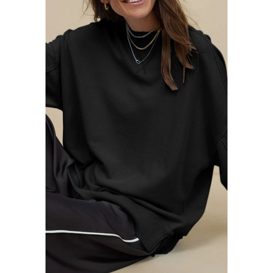 Side Slit Round Neck Long Sleeve Sweatshirt Black / S Apparel and Accessories