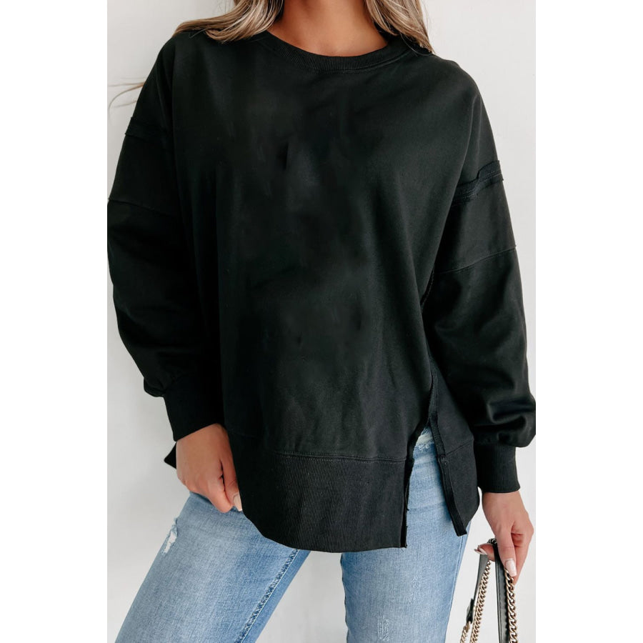 Side Slit Round Neck Long Sleeve Sweatshirt Black / S Apparel and Accessories