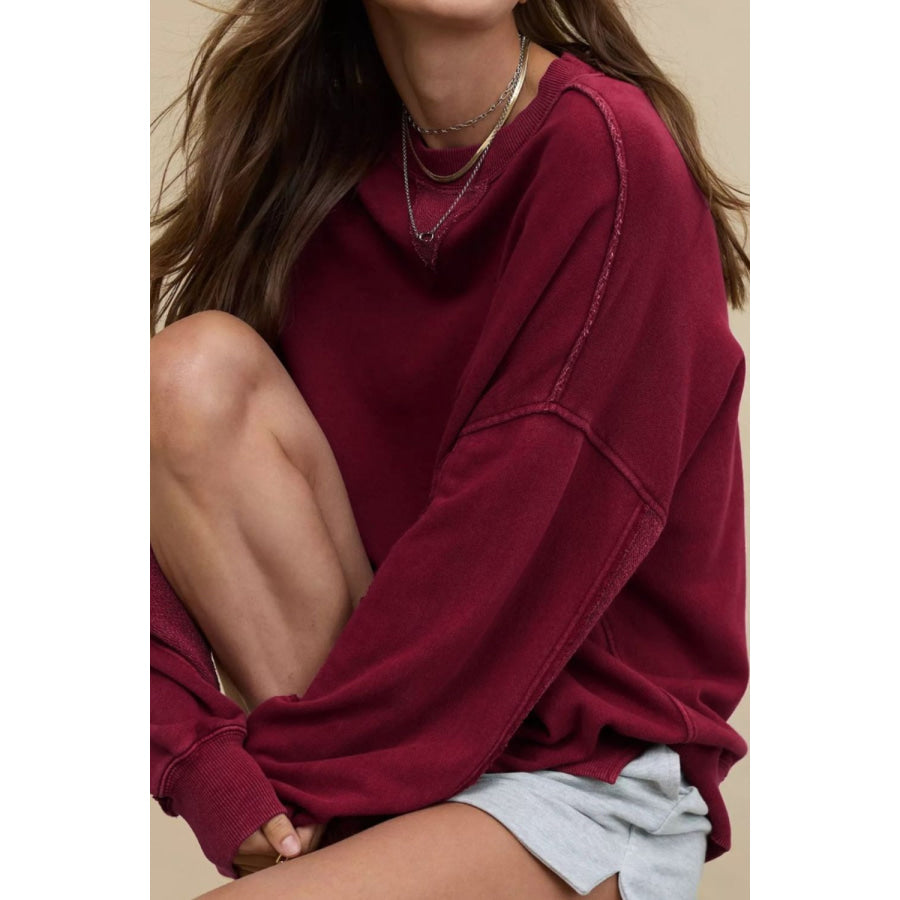 Side Slit Round Neck Long Sleeve Sweatshirt Burgundy / S Apparel and Accessories