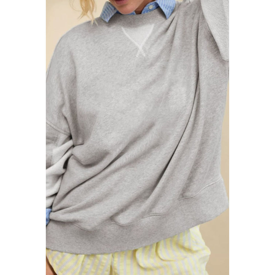 Side Slit Round Neck Long Sleeve Sweatshirt Gray / S Apparel and Accessories