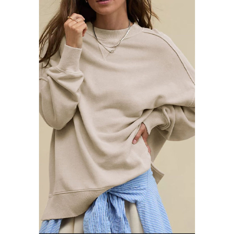 Side Slit Round Neck Long Sleeve Sweatshirt Khaki / S Apparel and Accessories