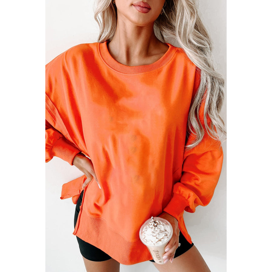 Side Slit Round Neck Long Sleeve Sweatshirt Orange / S Apparel and Accessories