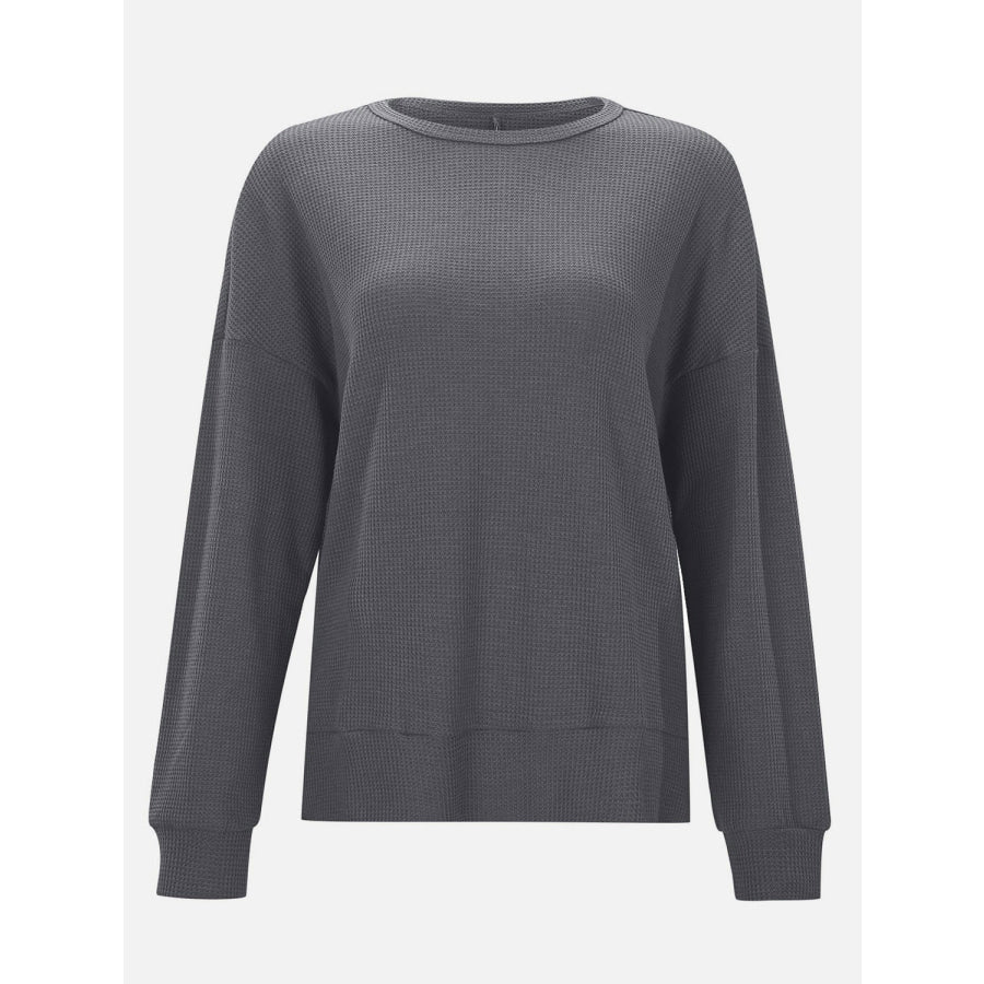 Side Slit Round Neck Long Sleeve T-Shirt Apparel and Accessories