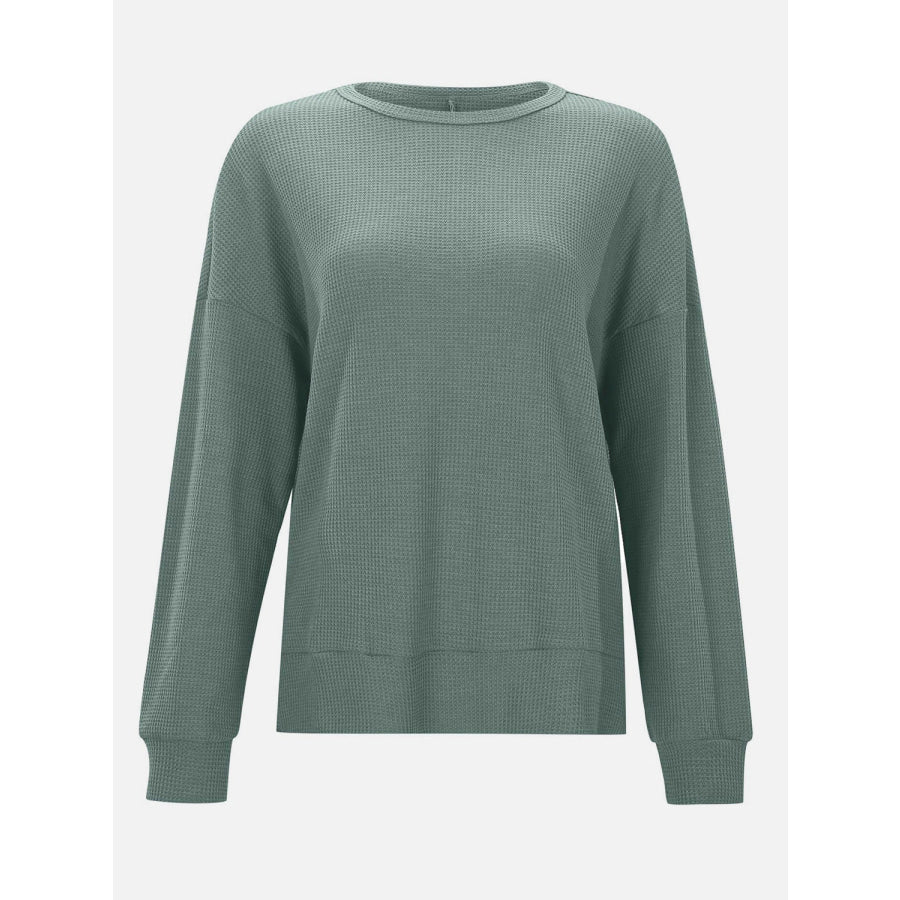 Side Slit Round Neck Long Sleeve T-Shirt Apparel and Accessories