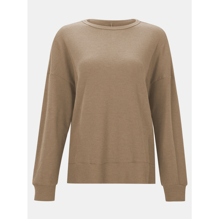 Side Slit Round Neck Long Sleeve T-Shirt Apparel and Accessories