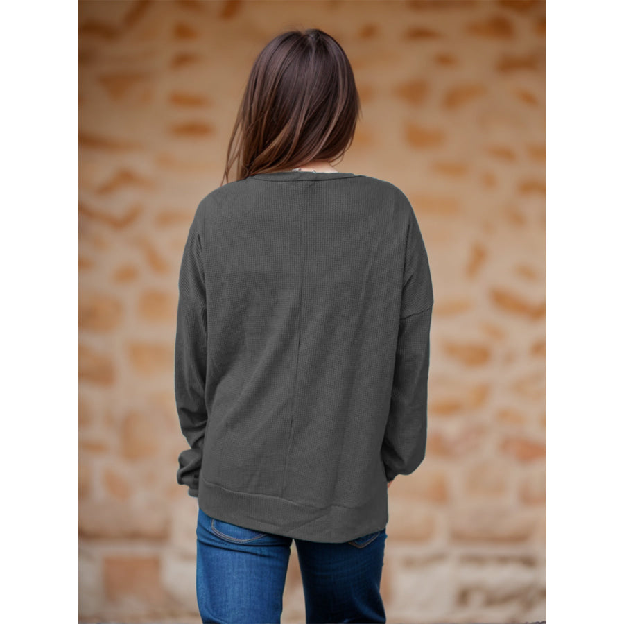 Side Slit Round Neck Long Sleeve T-Shirt Apparel and Accessories