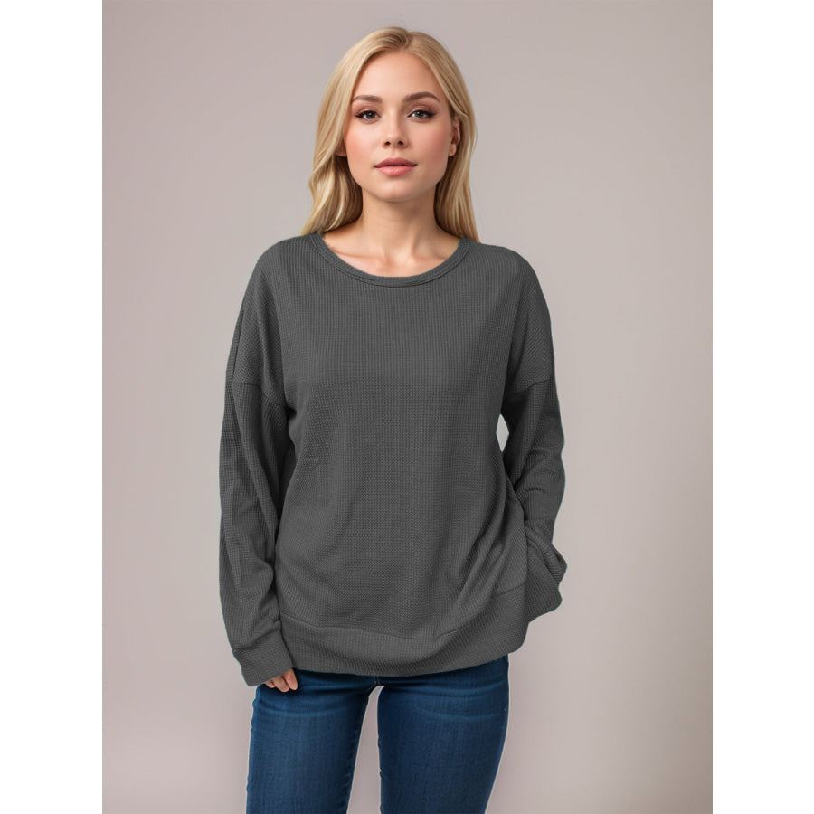 Side Slit Round Neck Long Sleeve T-Shirt Dark Gray / S Apparel and Accessories