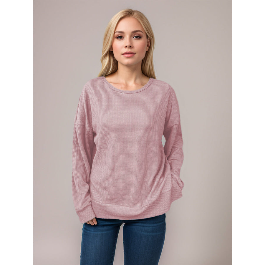 Side Slit Round Neck Long Sleeve T-Shirt Dusty Pink / S Apparel and Accessories