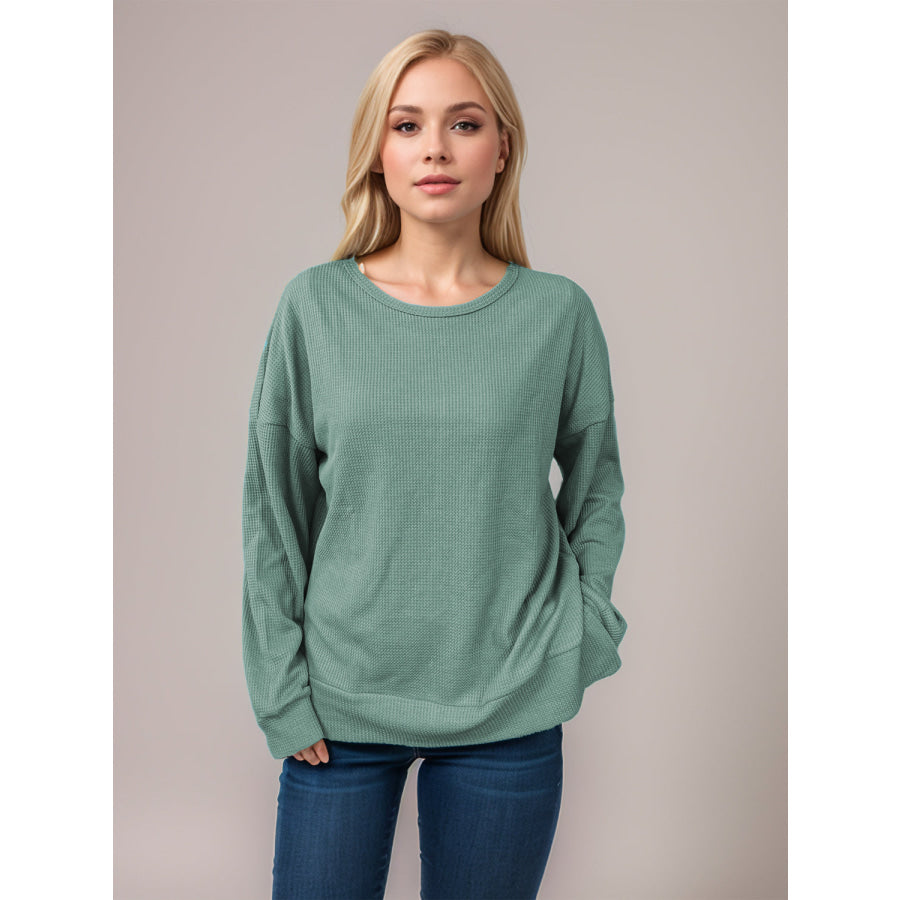 Side Slit Round Neck Long Sleeve T-Shirt Gum Leaf / S Apparel and Accessories