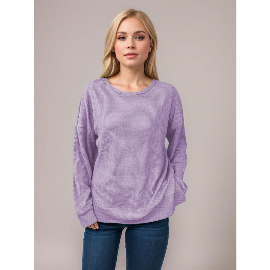 Side Slit Round Neck Long Sleeve T-Shirt Lavender / S Apparel and Accessories