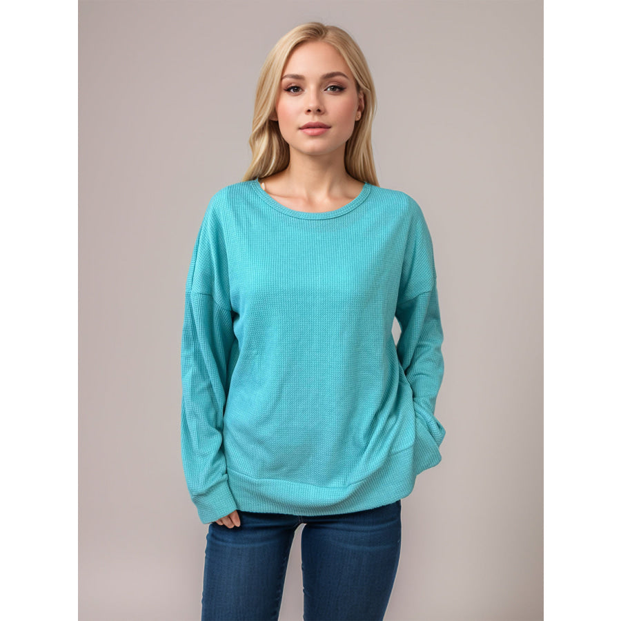 Side Slit Round Neck Long Sleeve T-Shirt Pastel Blue / S Apparel and Accessories