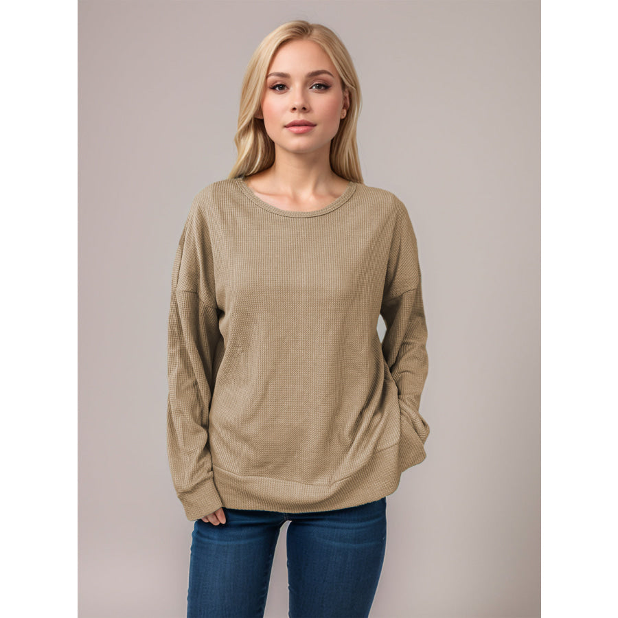 Side Slit Round Neck Long Sleeve T-Shirt Tan / S Apparel and Accessories