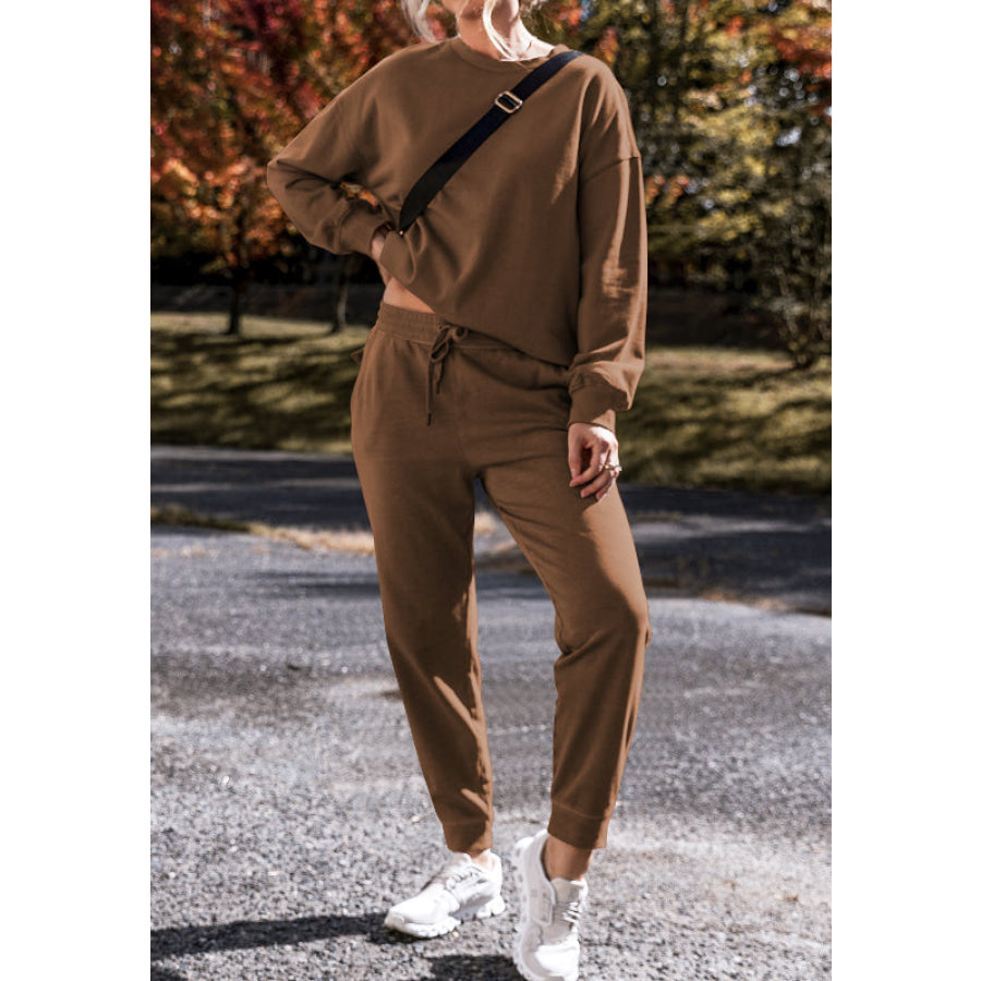 Side Slit Round Neck Long Sleeve Top and Pants Set Apparel and Accessories