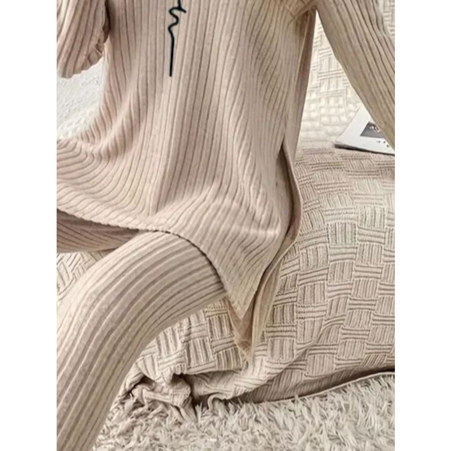 Side Slit Round Neck Long Sleeve Top and Pants Set Apparel and Accessories