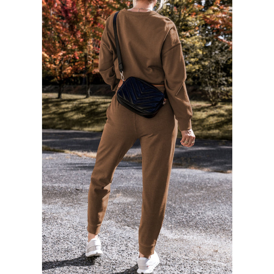 Side Slit Round Neck Long Sleeve Top and Pants Set Apparel and Accessories