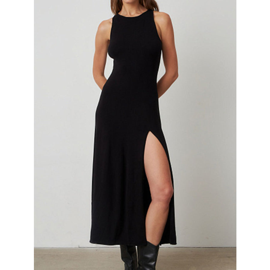 Side Slit Round Neck Sleeveless Dress Black / One Size Apparel and Accessories