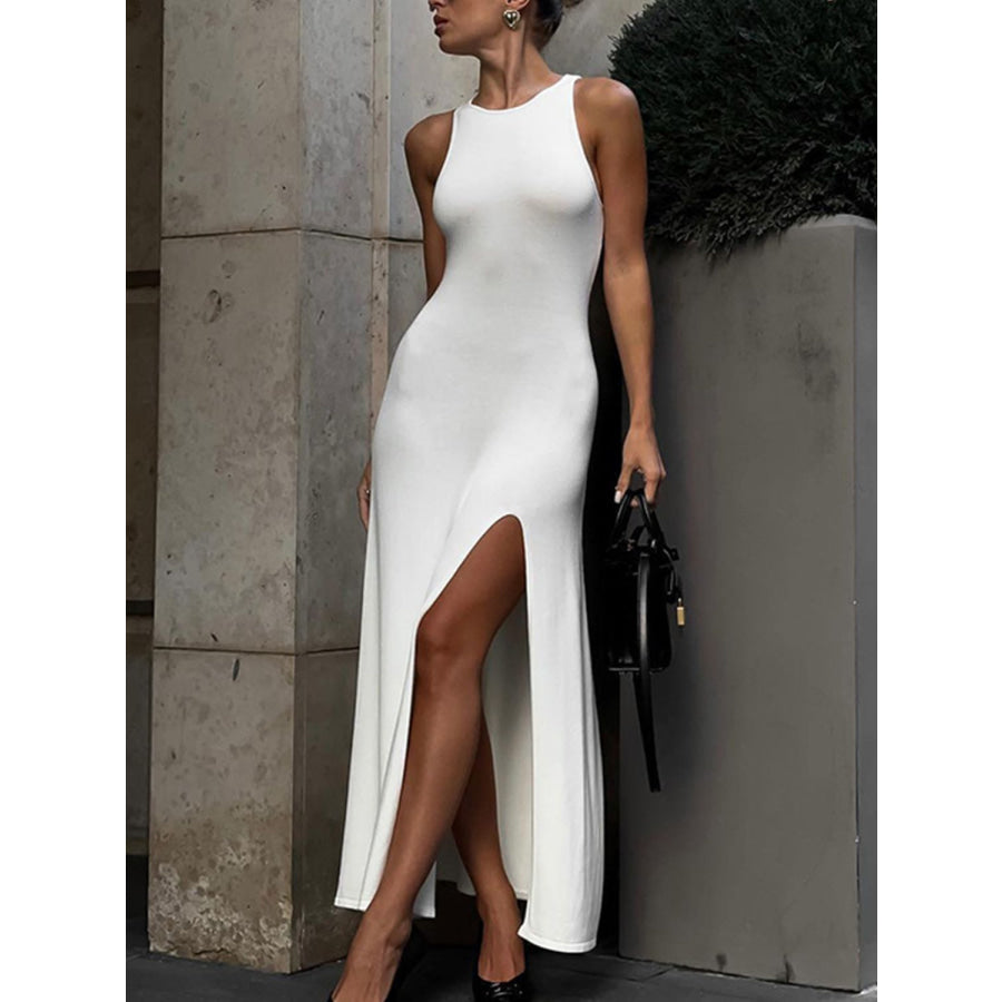 Side Slit Round Neck Sleeveless Dress White / One Size Apparel and Accessories