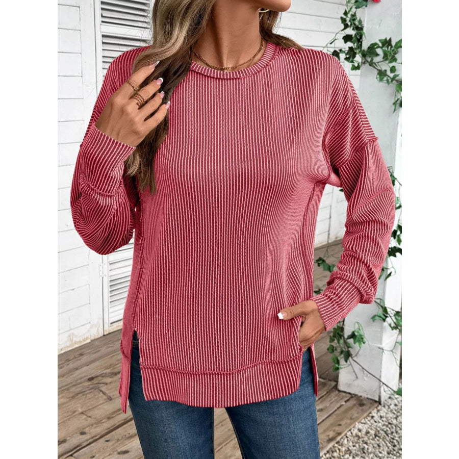 Side Slit Round Neck Sweatshirt Apparel and Accessories