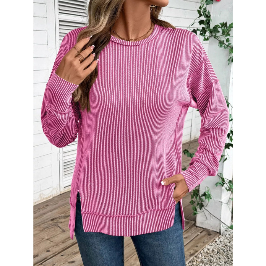 Side Slit Round Neck Sweatshirt Apparel and Accessories