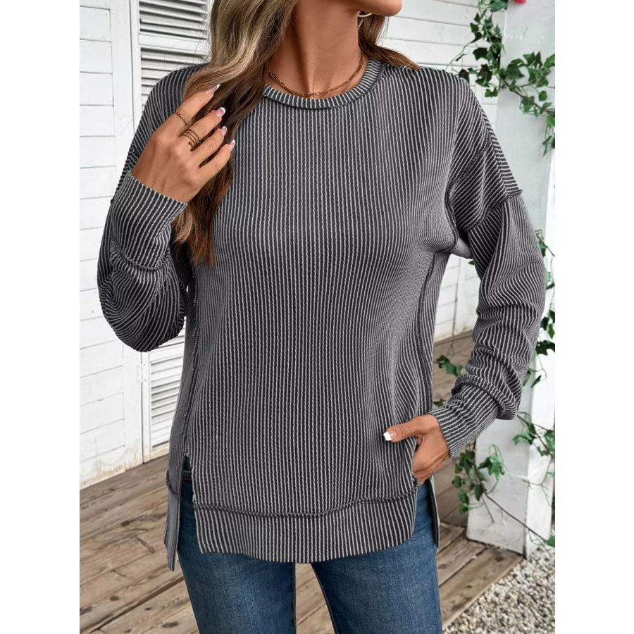 Side Slit Round Neck Sweatshirt Apparel and Accessories